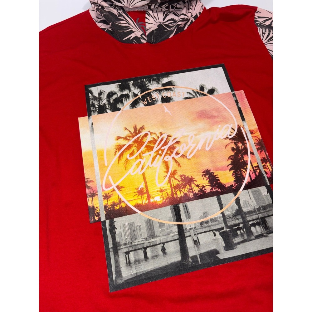 Vibes Mens Red California Palm‎ Tree Graphic Hoodie T Shirt Short Sleeve